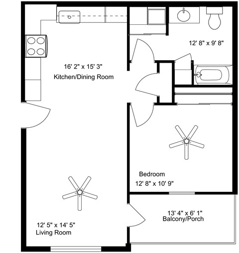 Floor plan for 1 bed, 1 bath, 765 sqft
